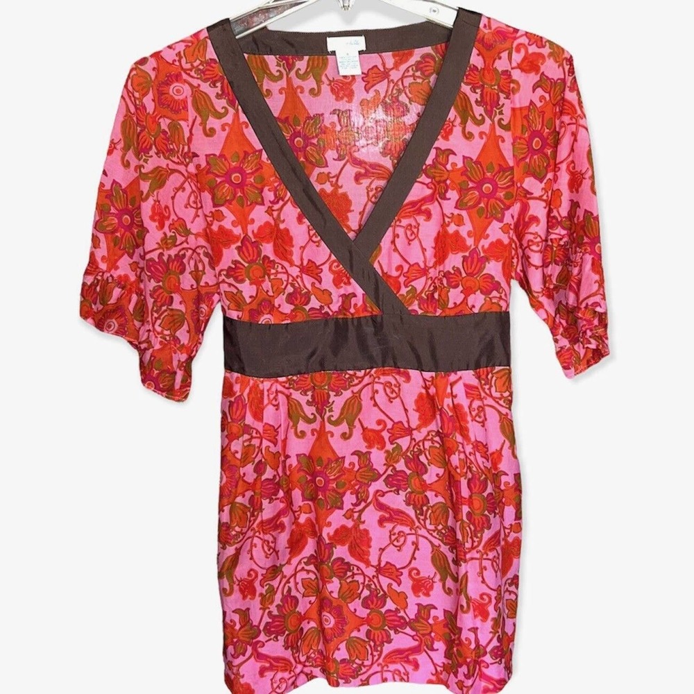 ANTHROPOLOGIE ODILLE TOP SILK PINK FLORAL COTTON SILK TUNIC PINK BROWN 4